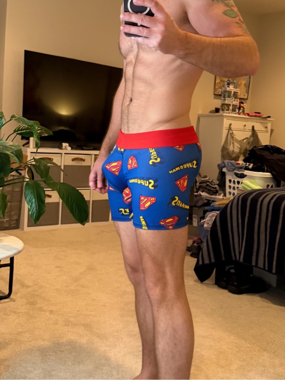 Men's Blue Logo Boxer Briefs with Red Waistband Large